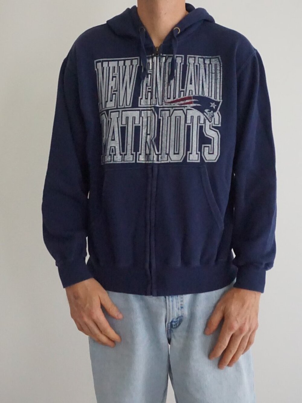 NFL Navy New England Patriots Logo Spellout Football Zip Up Hoodie Sweatshirt M